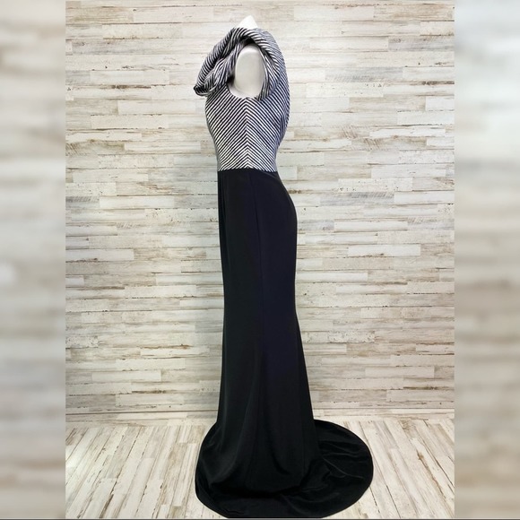 Frascara Sequin One Shoulder Ruffle Detail Gown Womens Size 6 Black Silver - Picture 7 of 15